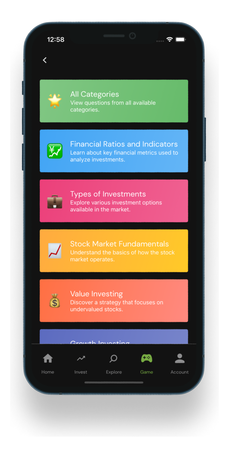 Redvest Finance Categories screen