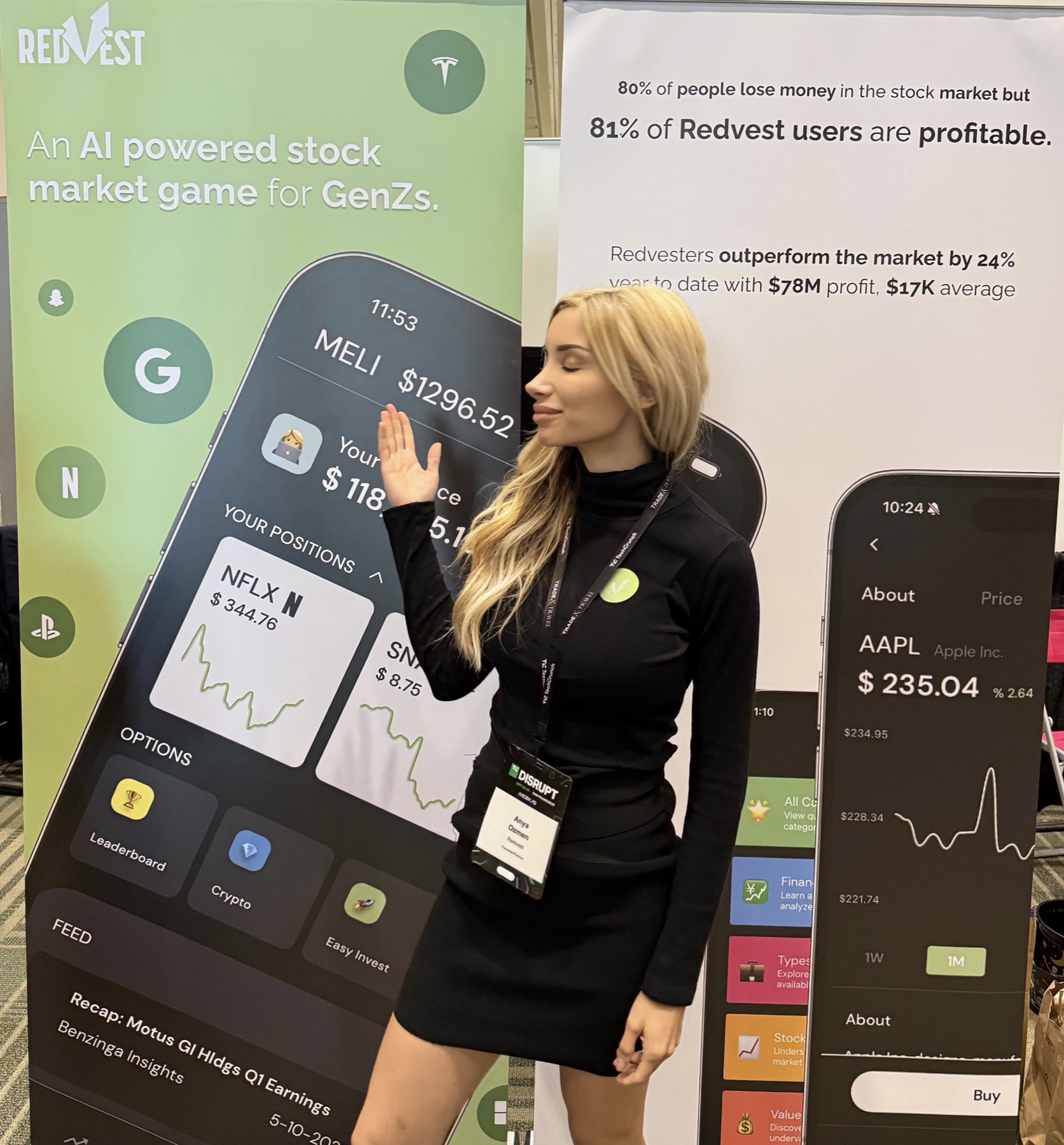 Anya Ozmen beside Redvest's AI-powered stock market game for Gen Z display